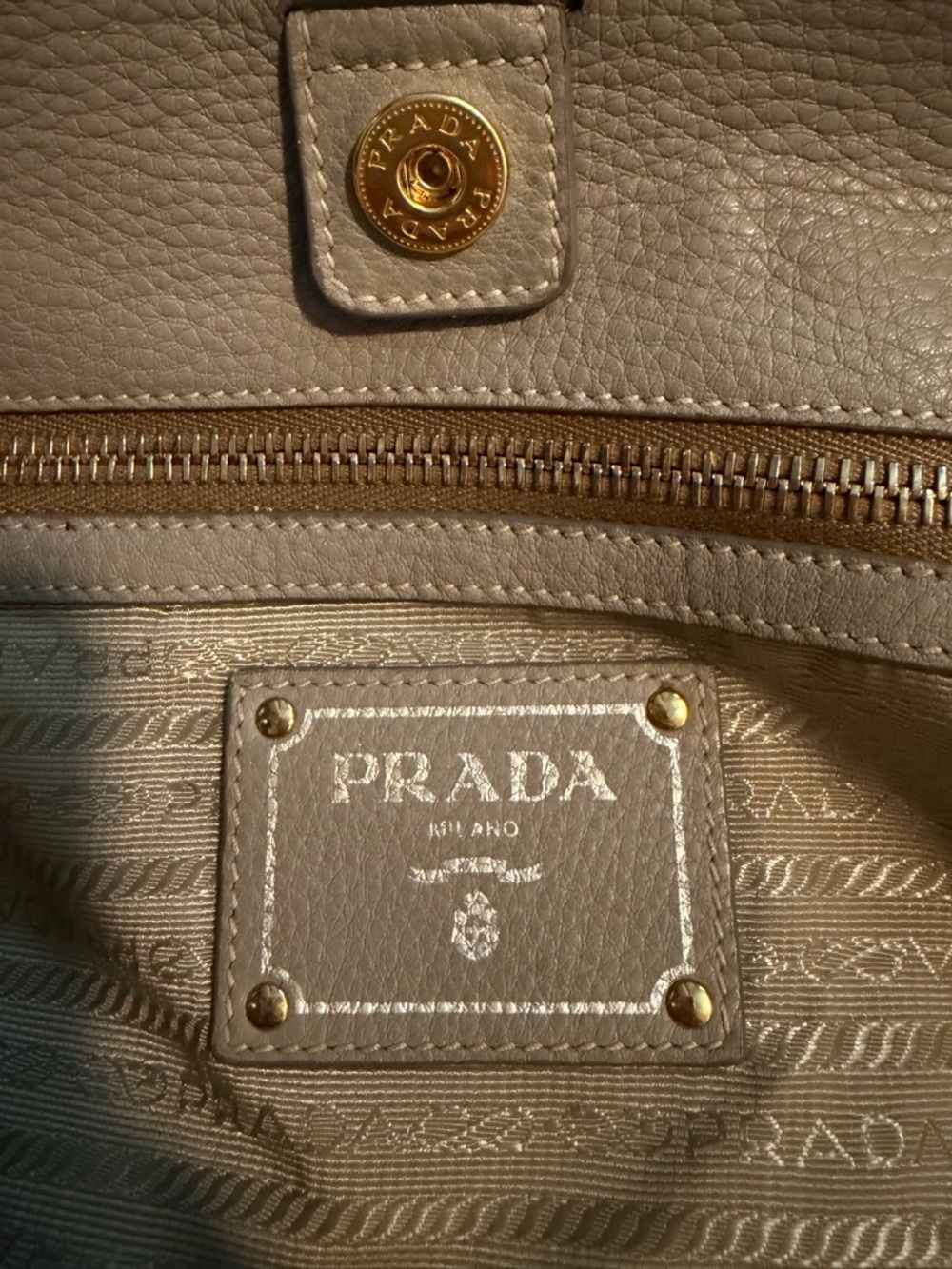 Prada Gray Taupe Pebbled Leather Tote with Gold Hardware - Picture 6 of 6